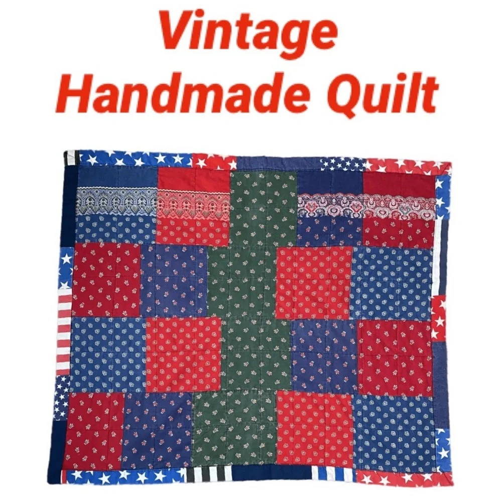 60’s 70’s Patchwork Quilt Vintage Hand Crafted Patriotic Boho Farmhouse Cottage